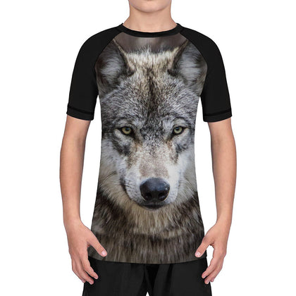 Wolf Big Face Youth Kids Dry-Fit Trainning Shirt Performance BJJ Rash Guard