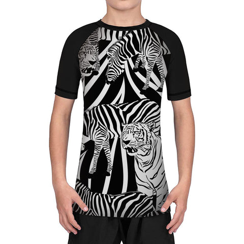Zebra Tiger Stripes Youth Boys Kids Girls UV/Sun Protection Short Sleeve BJJ Rash Guard