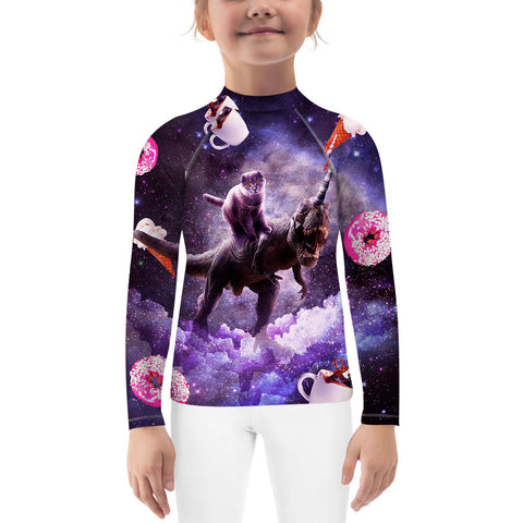 Space Cat Riding Dinosaur Youth Bjj UV/Sun Protection Long Sleeve Rash Guard T-Shirt