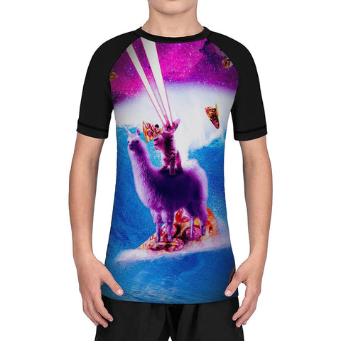 Surfing Cat Kids Youth Short Sleeve Rash Guard Sports Fitness Shirt Muay Thai